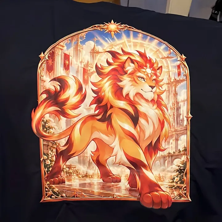 The back of the Creator 2.0, printed in DTF, with Hélior, the solar lion, in his illustrated arch